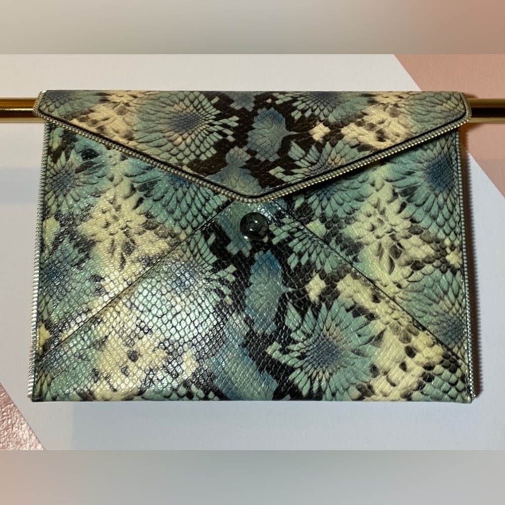 Rebecca Minkoff clutch, floral/snake skin leather, blues, light cream, and black